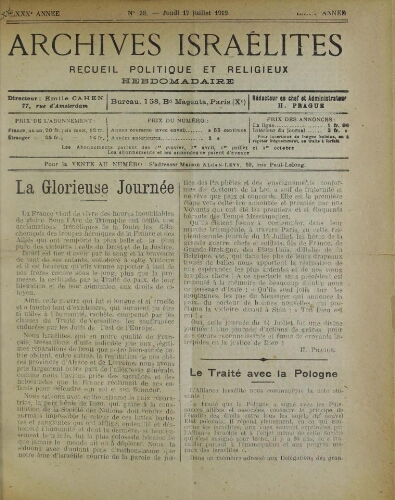 Archives israélites de France. Vol.80 N°29 (17 juil. 1919)
